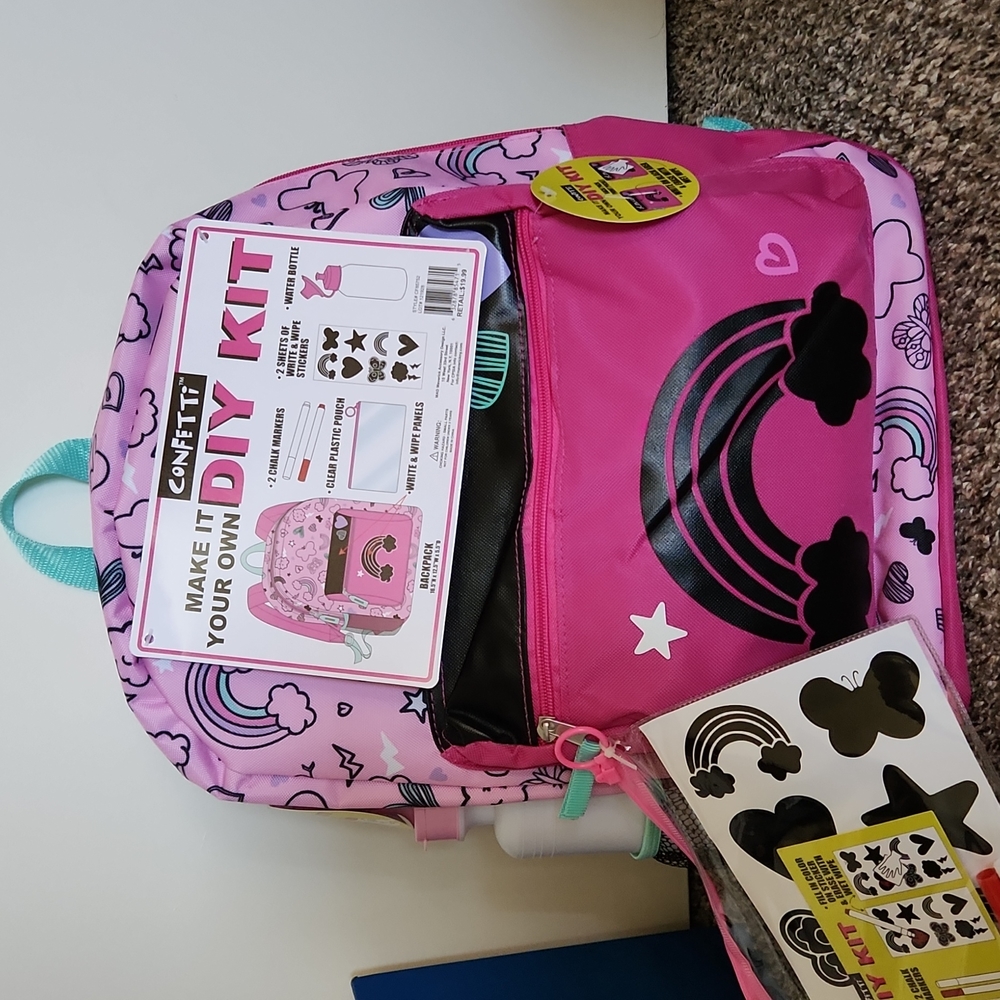 Pink rainbow backpack, bottle, sticker, coloring set